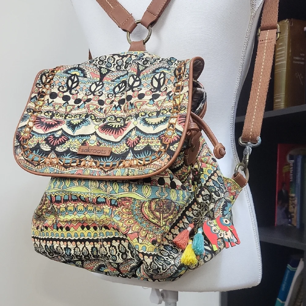 SAKROOT Blue Orange Boho Convertible Drawstrimg Backpack Elephant Tassel Key Fob